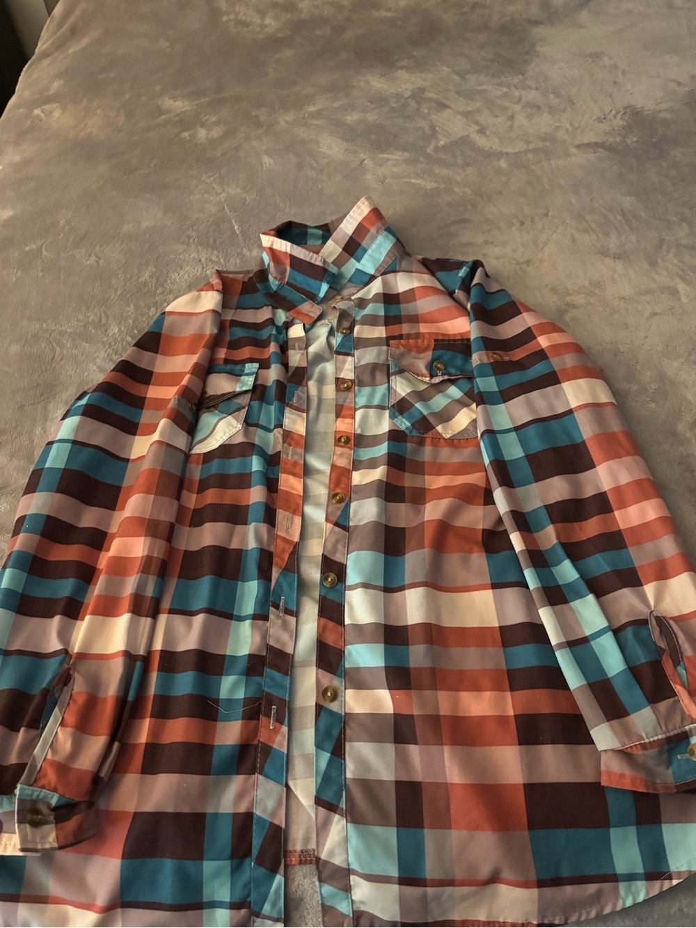 Woman’s  Plaid Button-Up Shirt in Teal and Rust size Xl